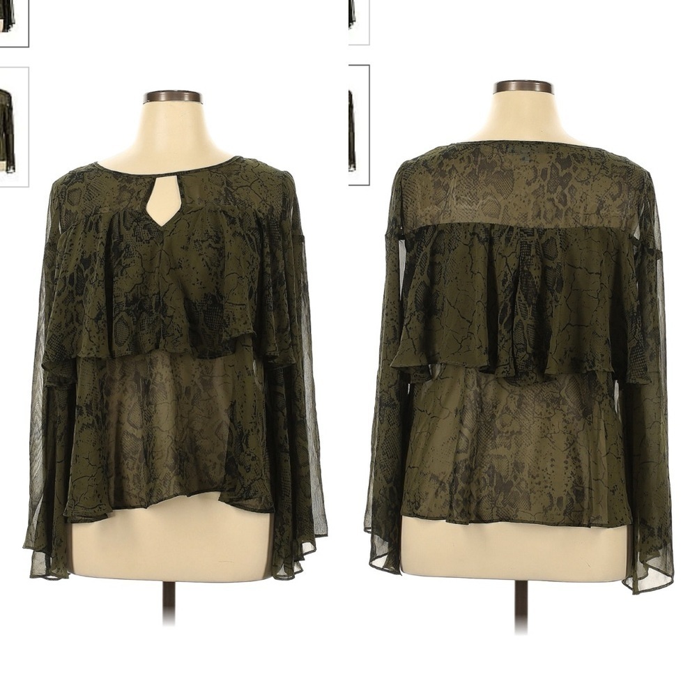 Jennifer Lopez Olive Green Snakeskin Ruffle Bell Long Sleeve Blouse Size XS